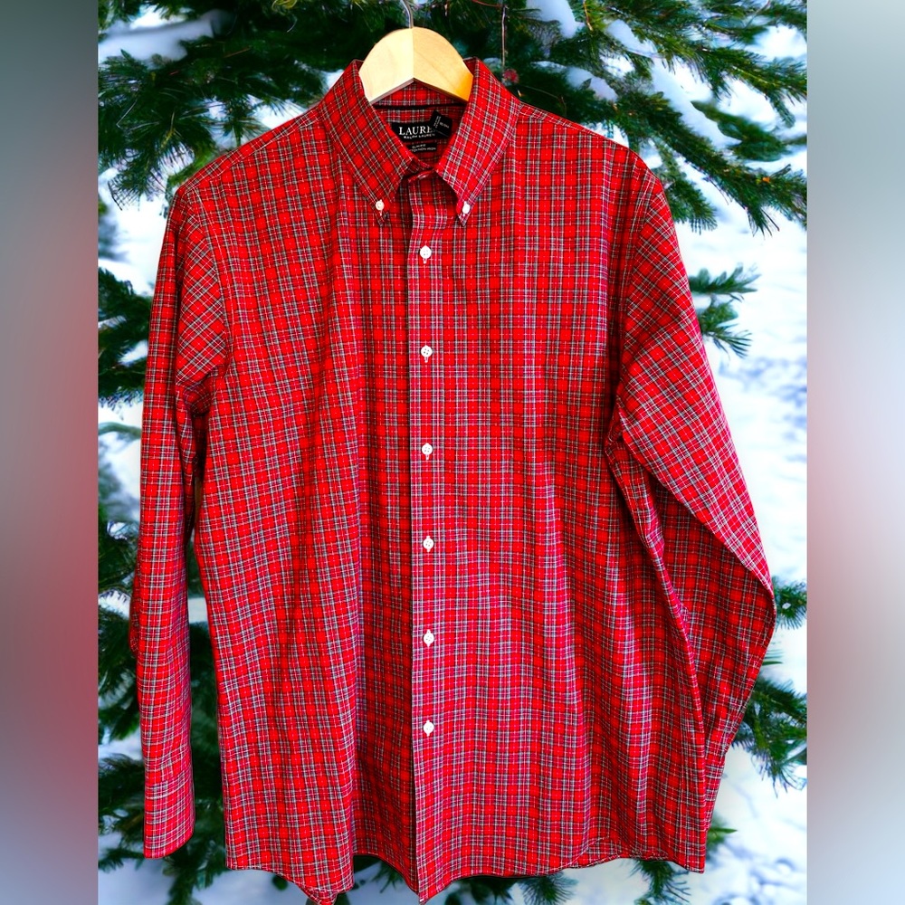 Lauren Ralph Lauren black label Christmas plaid sz 17 34/35 long sleeve button